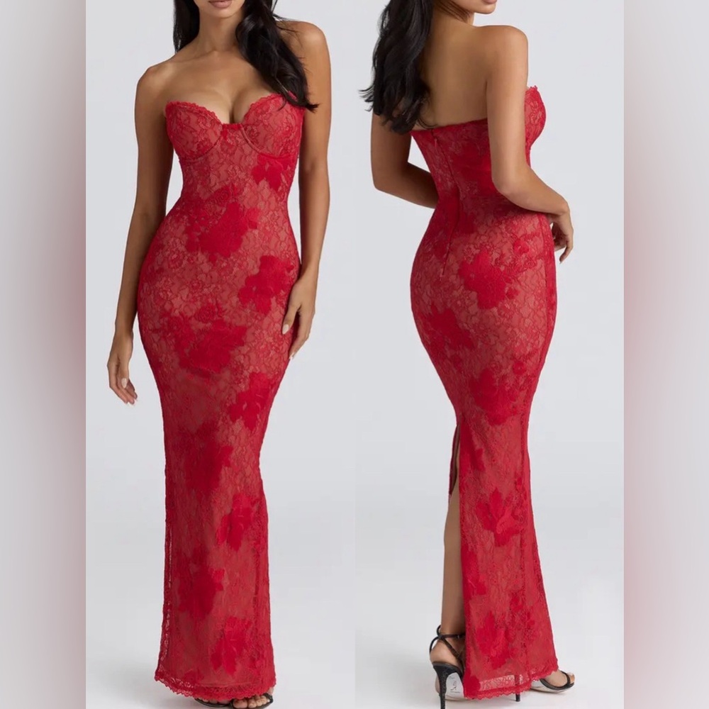 NEW HOUSE OF CB Lucienne Lace Corset Strapless red Gown Sz XL
